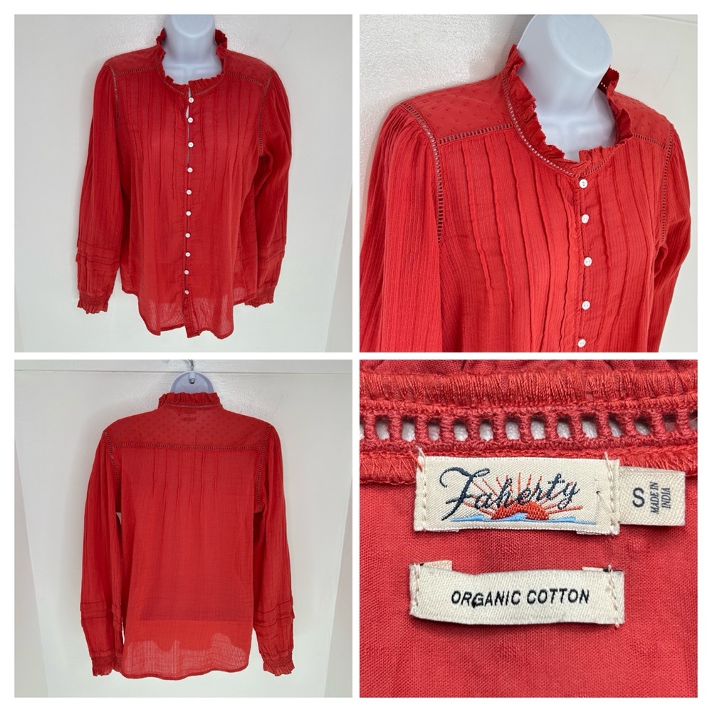 Faherty Willa Top Small Long Sleeve Organic Cotton Carmine Red Cottagecore
